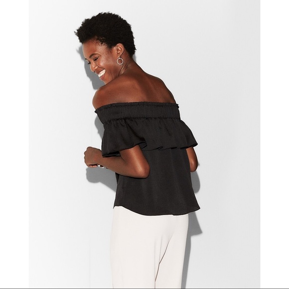 EXPRESS Off The Shoulder Smocked Ruffle Top in Ivory - Picture 13 of 14